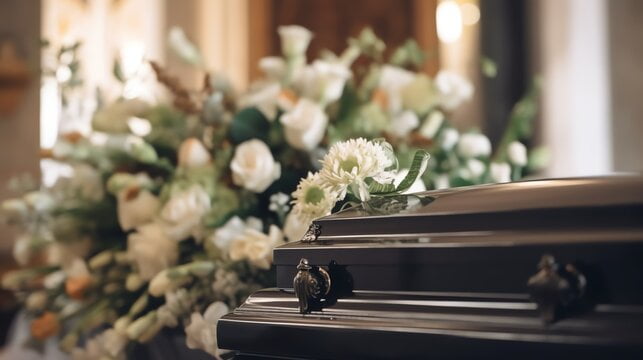 Bēru ceremonijas noformējums ar ziediem un zārku