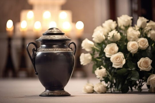 Dekoratīva pelnu urna ar ziediem un svecēm, kremācijas pakalpojumi